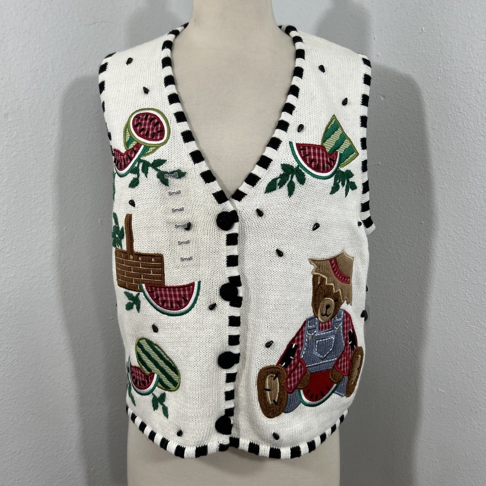 Mandal‎ Bay Sweater Vest S Petite Knit Watermelon Bear Kidcore Cottage Farmcore